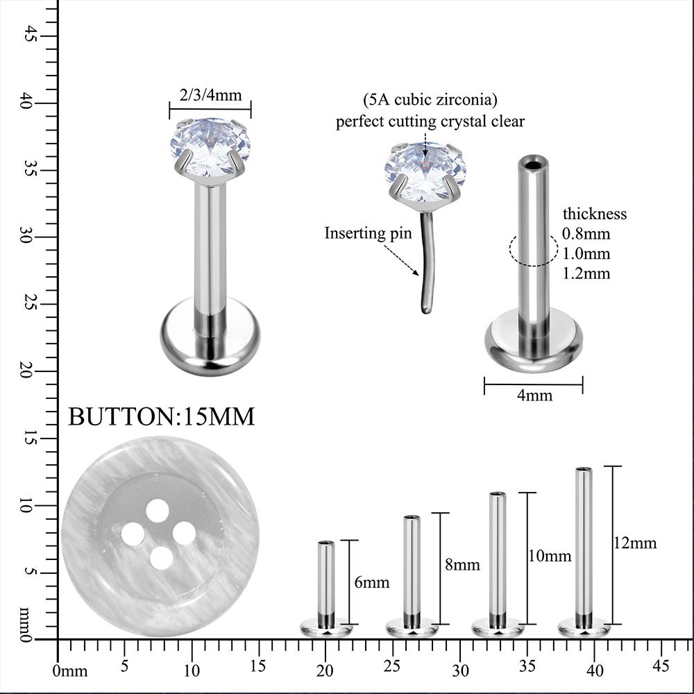 10 PZ Titanio ASTM F136 G23 Piercing Labret Anello Labbra Stud Orecchino CZ Orecchio Trago Cartilagine Helix Daith Pierc Gioielli 16/18/20g