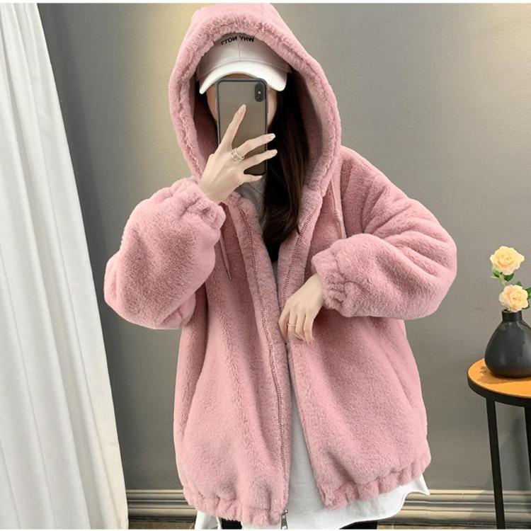 Women Loose Plush Hooded Coat Lamb Wool Thickened Medium Long Autumn Winter New Clothing Imitation Rabbit Fur Coat