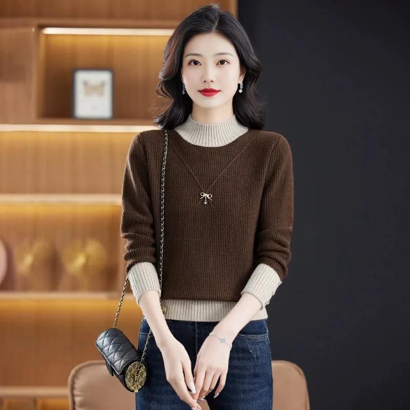 New semi-turtleneck winter women's red bottoming shirt fashion color matching loose knitted top autumn and winter sweater