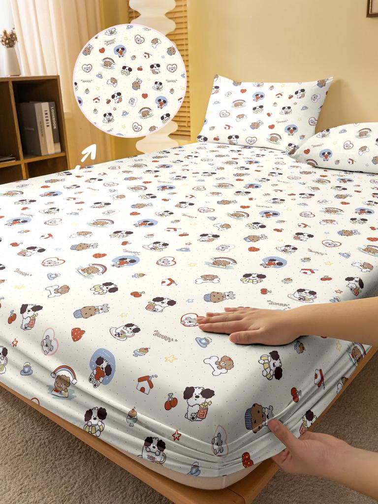 Cartoon 1 Cute Fun Animal Dog Printed Matte Fitted Sheet, Bedroom Printed Bed Cover, Bedding Excluding Pillowcases