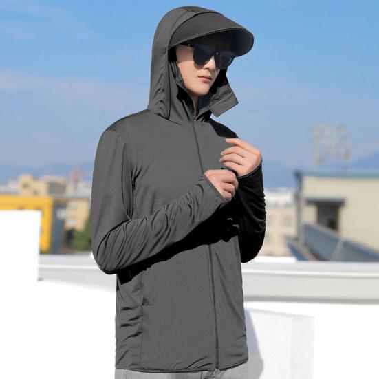 Herren Sommer Sonnenschutzmantel Mit Kapuze Dünn Atmungsaktiv Tasche UV-Schutz Einfarbig Langarm Sonnenschutzkleidung Radsportbekleidung