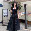 Hepburn Style Square Neck Black Slimming Spliced Dress