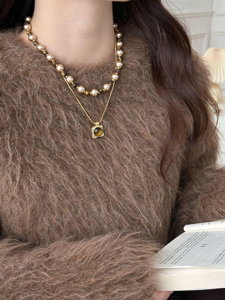 Gold-Plated Tiger Eye Pendant Necklace - Retro Y2K Clavicle Chain