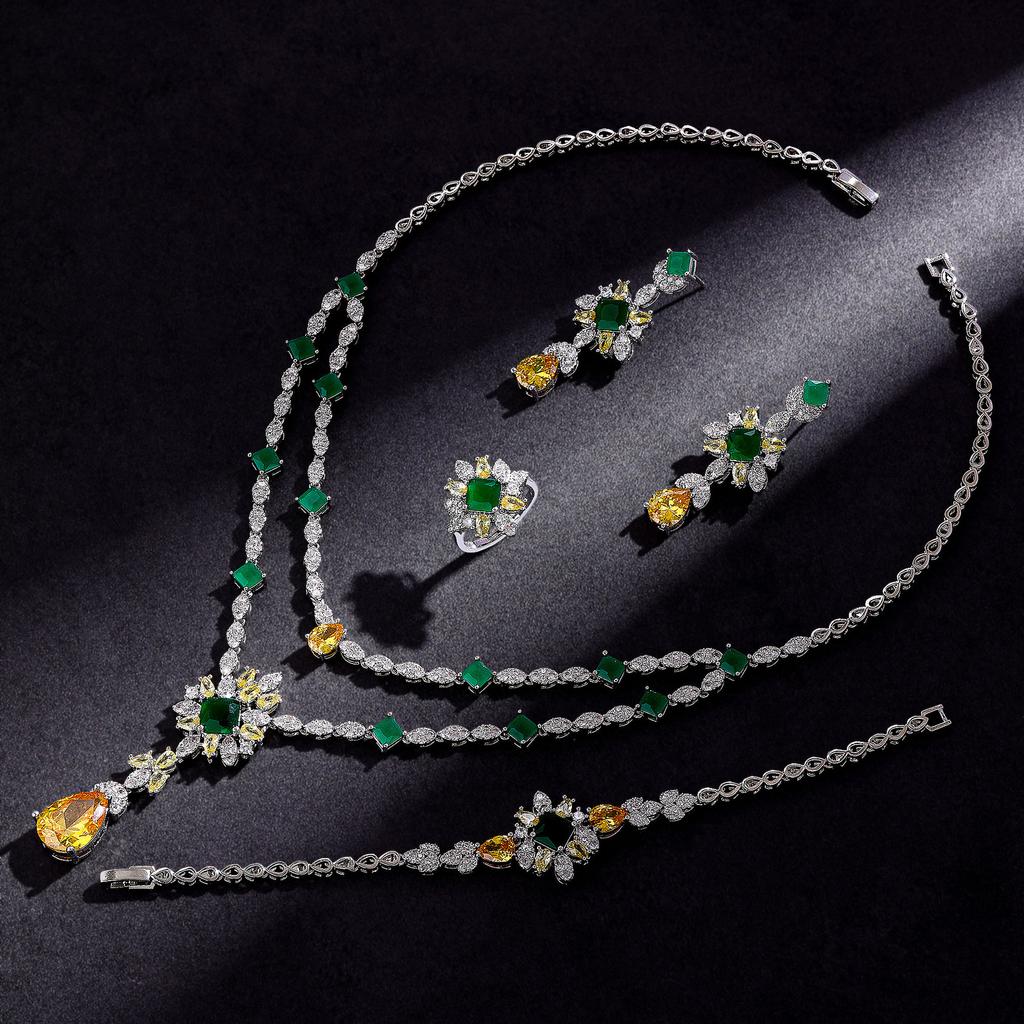 Dress Set Chain Heavy Industry Design Necklace Earrings Set Gorgeous Double-layer Color Zircon Jewelry Set