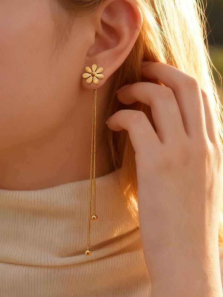 Stainless Steel Daisy Tassel Earrings for Women Gold Color Rolo Chain Drop Earrings Trendy Charm Party Jewelry Gift