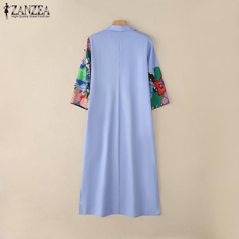 ZANZEA Women Turn Down Collar Loose Casual 3/4 Sleeve Print Long Dress