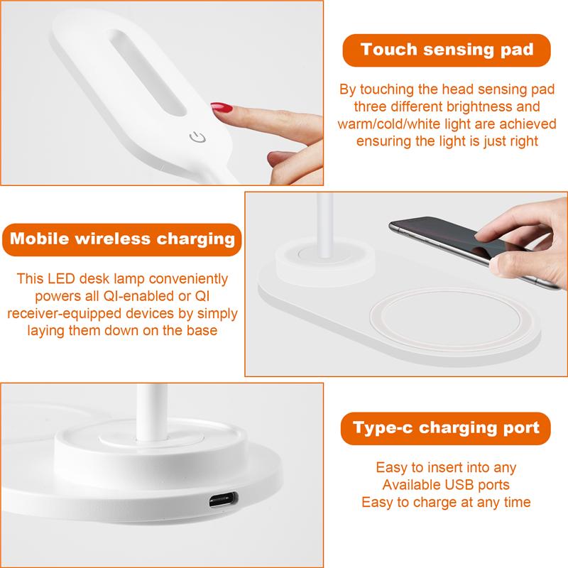 AD23-Dimmable LED Desk Lamp With Wireless Charger, Wireless Charging Desk Light Flexible Rotation Press Control Night Light
