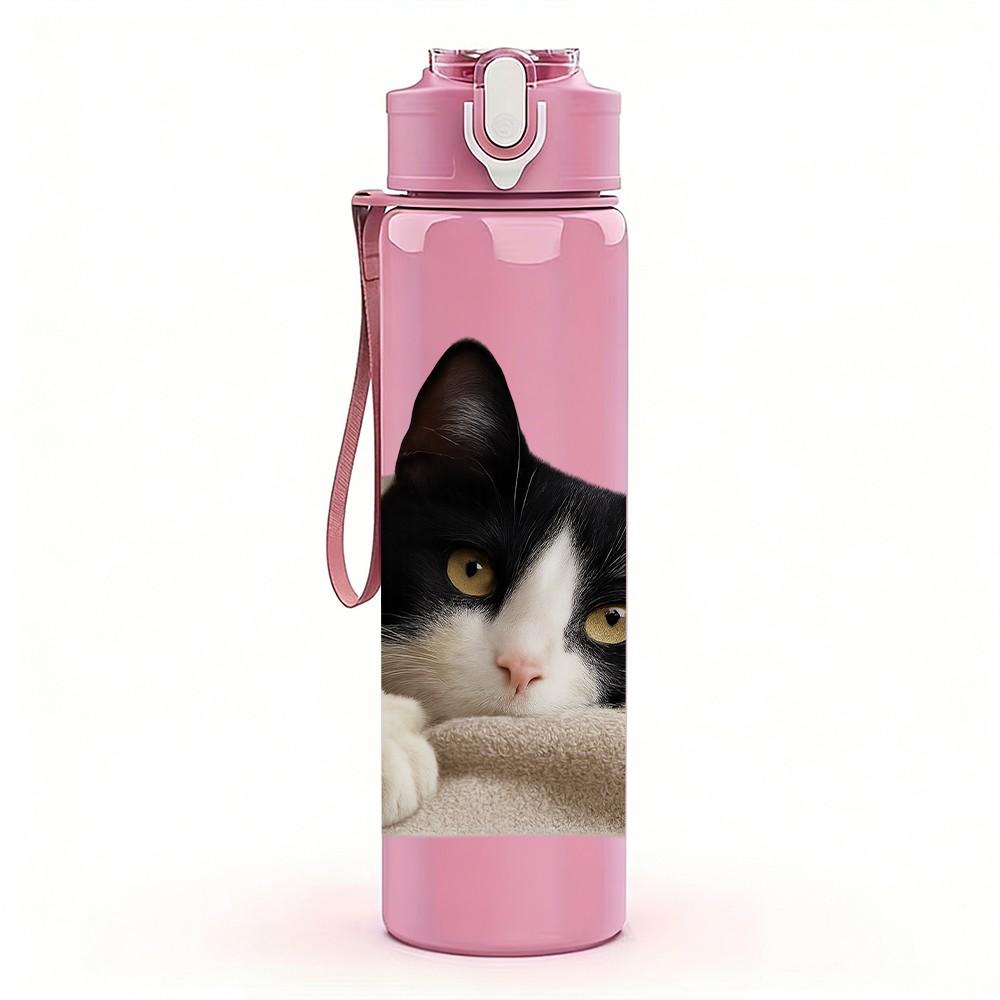 1PC Black White Cat Lying Down 750ml Color Plastic Sports Water Bottle Leakproof Flip Straw Lid Suitable for Sports Office Home Use