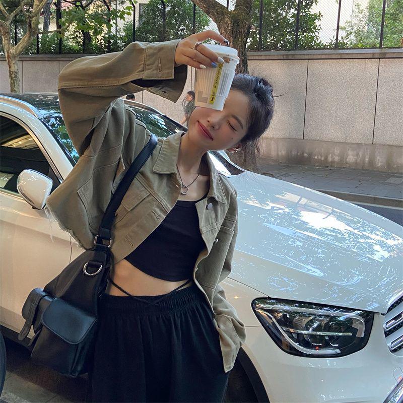 

Distressed Washed Polo Collar Long Sleeve Jacket Cardigan for Women - Autumn 2025 S