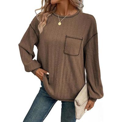 Round Neck Temperament Solid Color Knitted Pullover Women's Long Sleeved T-shirt Loose Casual Top Autumn Bottoming Shirt