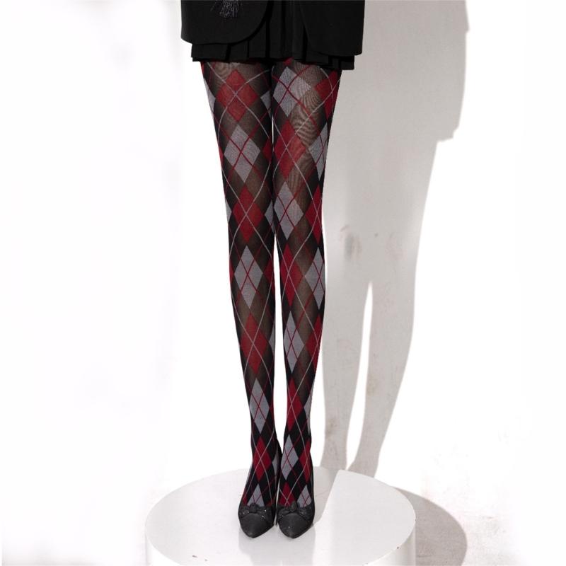 Dames Argyle Ruitpatroon Panty Ademend Nylon Stof OnDoorzichtig Maillot Kousen Stijlvolle Contrastkleur Leggings