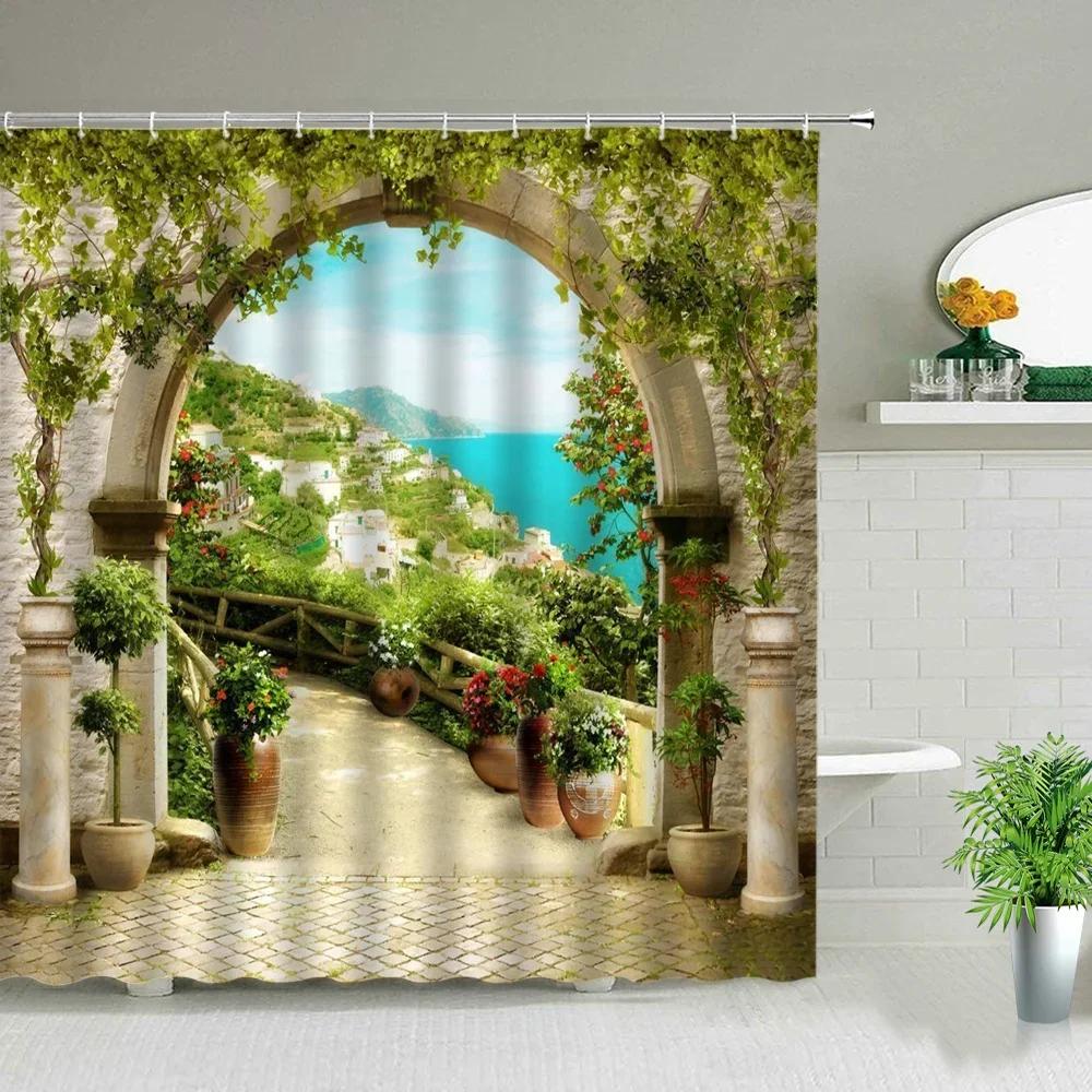 3D Landscape Shower Curtain Garden Wooden Bridge Plant Tree Flower Natural Scenery Bathroom Decor Hanging Wall Fabric Curtain