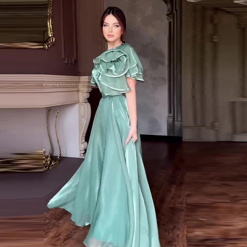 2024 Elegant French Court Style Mesh Dress with Three-Dimensional Flowers for Women