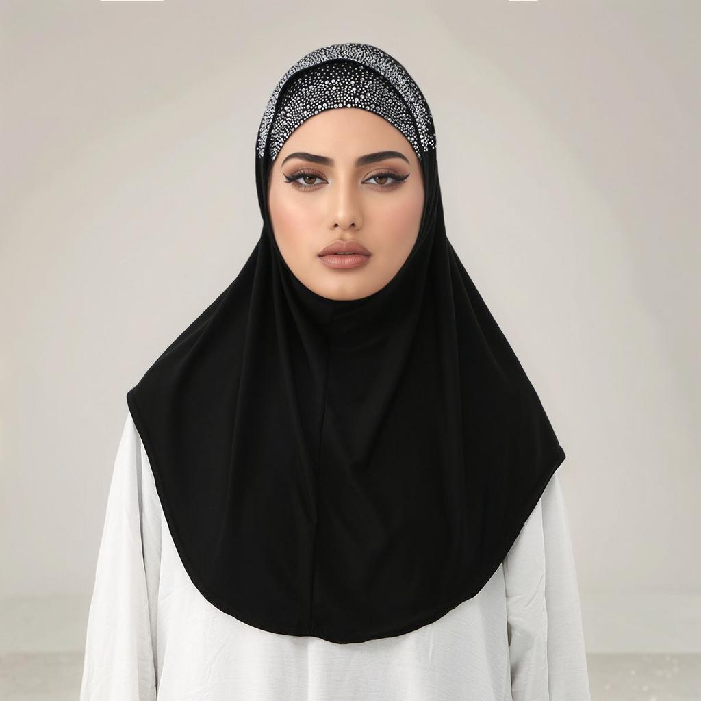 2Pcs Set Muslim Women Solid Inner Scarf Turban Cap And Instant Hijab Diamond Crystal Hemp Islamic Malaysia Undercap Ladies Cap