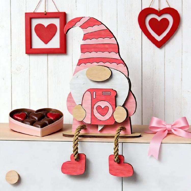 Valentines Day Wooden Gnomes Decoration Rose Gnomes Figurines Shelf Sitter with Dangling Legs Romantics Valentine Gift