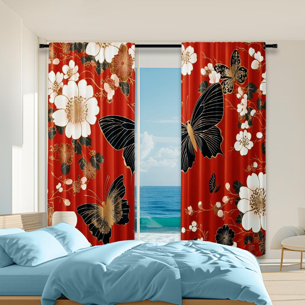 

Versatile Polyester Transparent Curtains Home Decoration Traditional Red Flowers Butterflies Use Bedrooms Curtain Set Of 2 Made Washable Sleeping Area W100*H70(CM)-Grommet top&2PCS