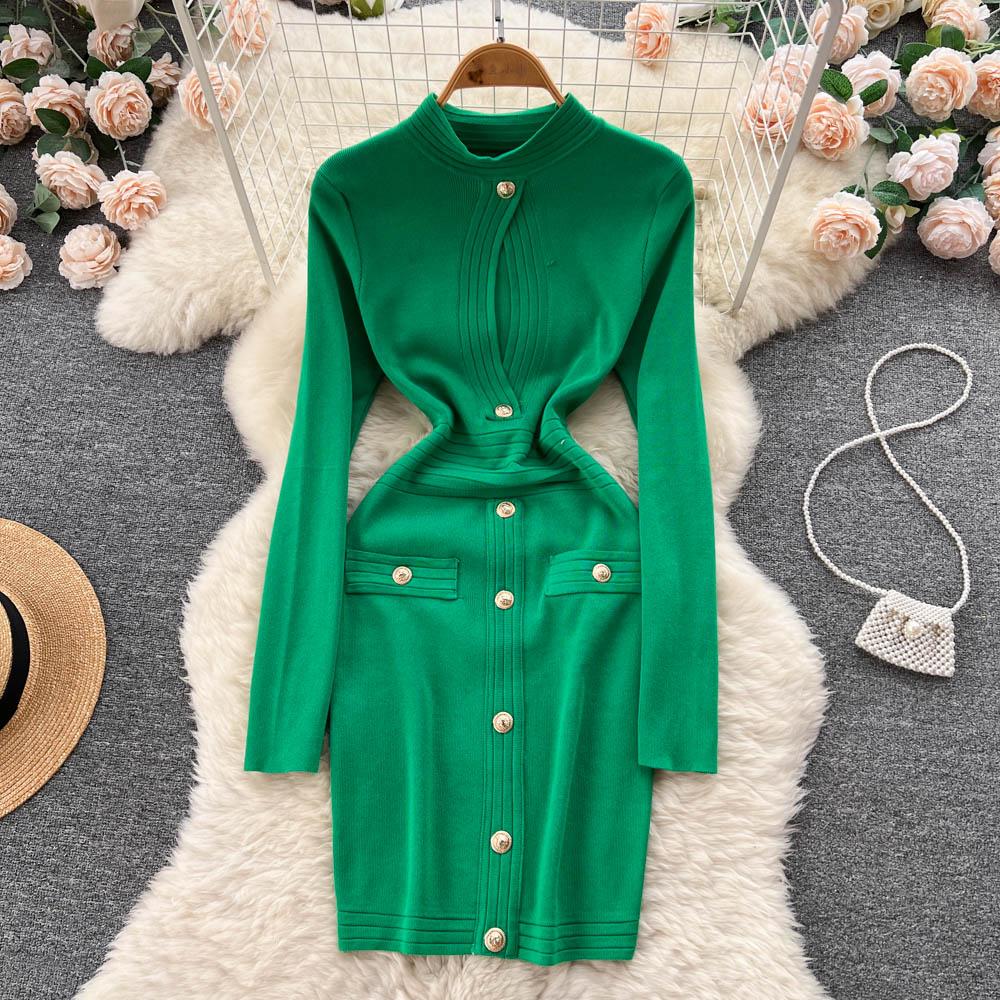 Light Fashioned Ladies Hollowed Out High Neck Knitted Dress Womens Autumn And Winter New Slim