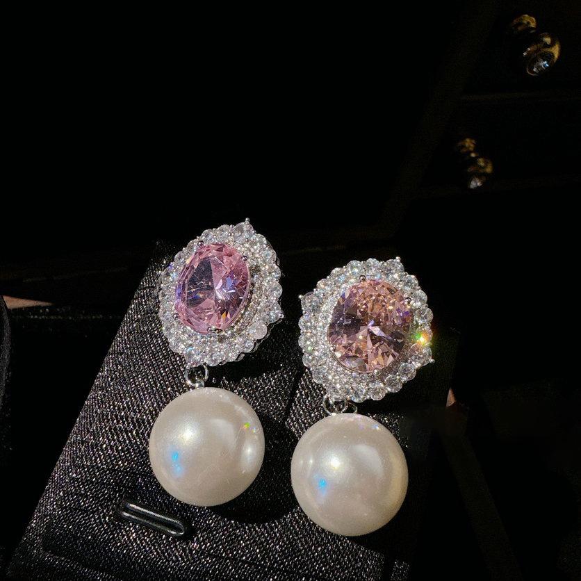 Geometric zircon pearl earrings French light luxury new earrings high-end French versatile earrings