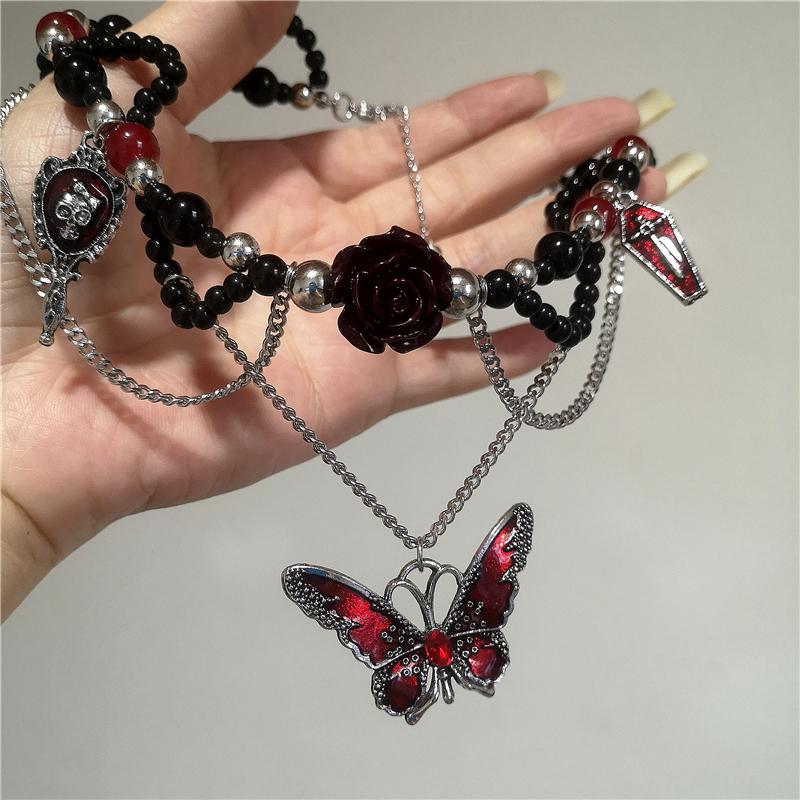 Gothic Red Cross Thorn Heart Butterfly Pendant Choker Black Bead Necklace Personalized Y2K Halloween Charms Grunge EMO Jewelry