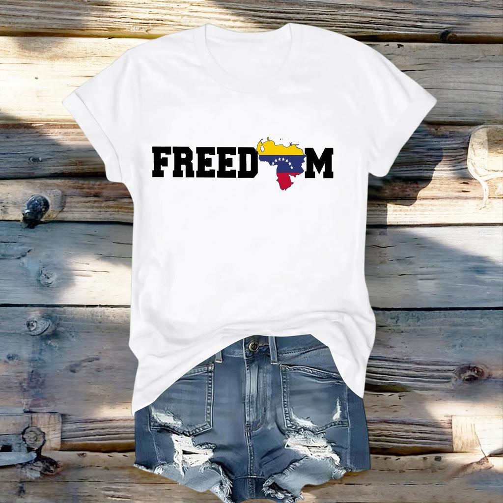 Women's Fashionable Round Neck Casual Retro Print Short Sleeved T-shirt Top