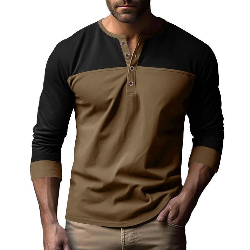 Men's Autumn New American Retro Long-sleeved Colour Blocking Henry Collar Bottoming Shirt Men's T-shirt