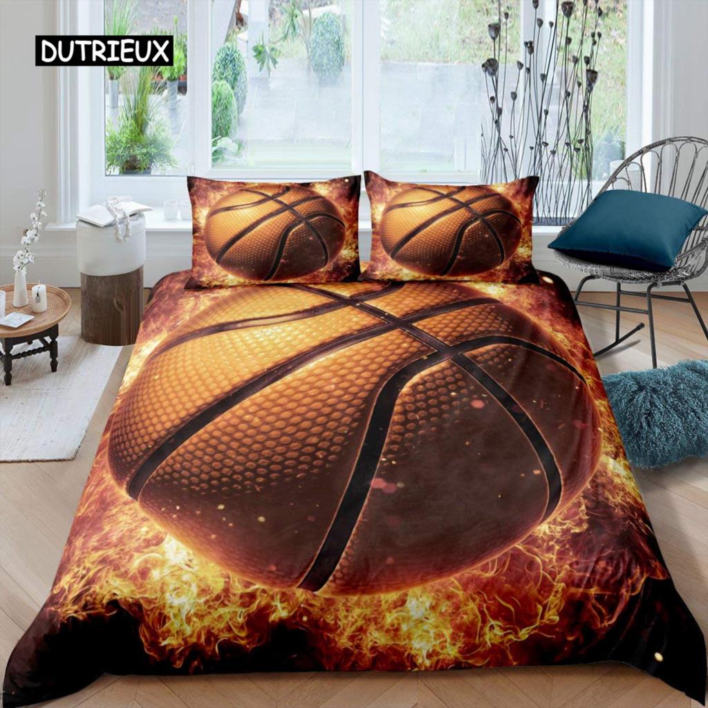 Juego de funda nórdica de baloncesto, juego de cama con temática deportiva de pelota 3D negra, juego de edredón de microfibra para cancha de baloncesto, juegos competitivos, tamaño King