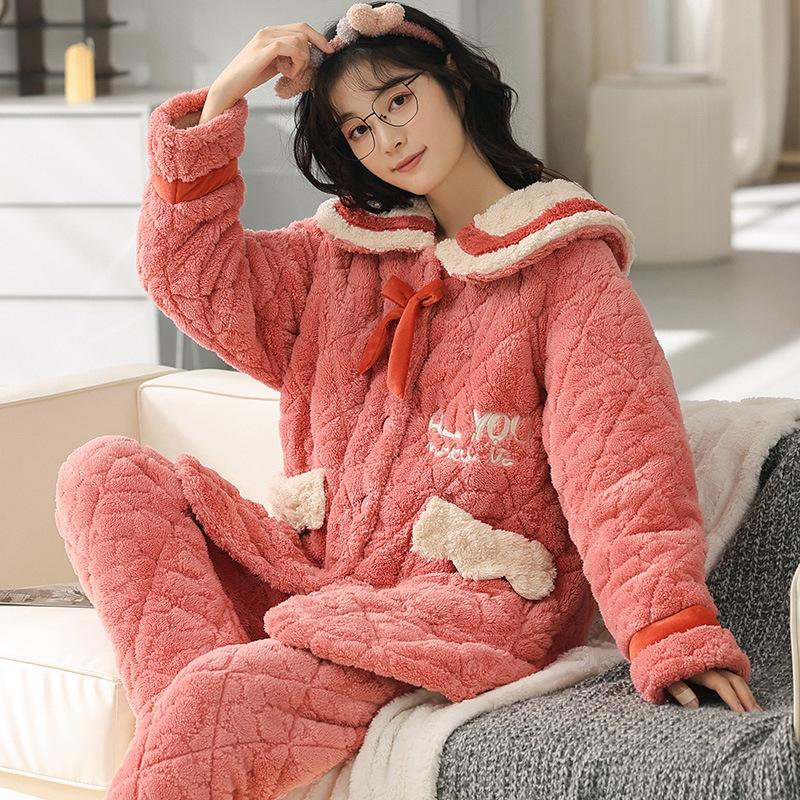 Coral Velvet Quilted Pajamas Women's Winter Three Layer Thick and Fleece Home Wear Women's Winter Flannel Thermal Set