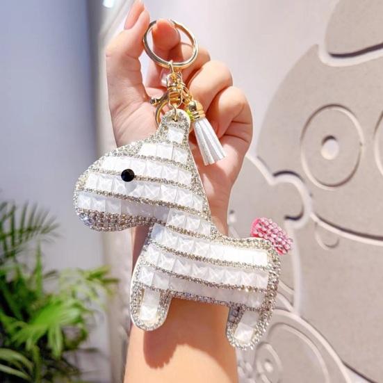 Bag Pendant Sparkling Rhinestones Plaid Pattern Keychain with Tassels Backpacks Handbags Cars Accessories