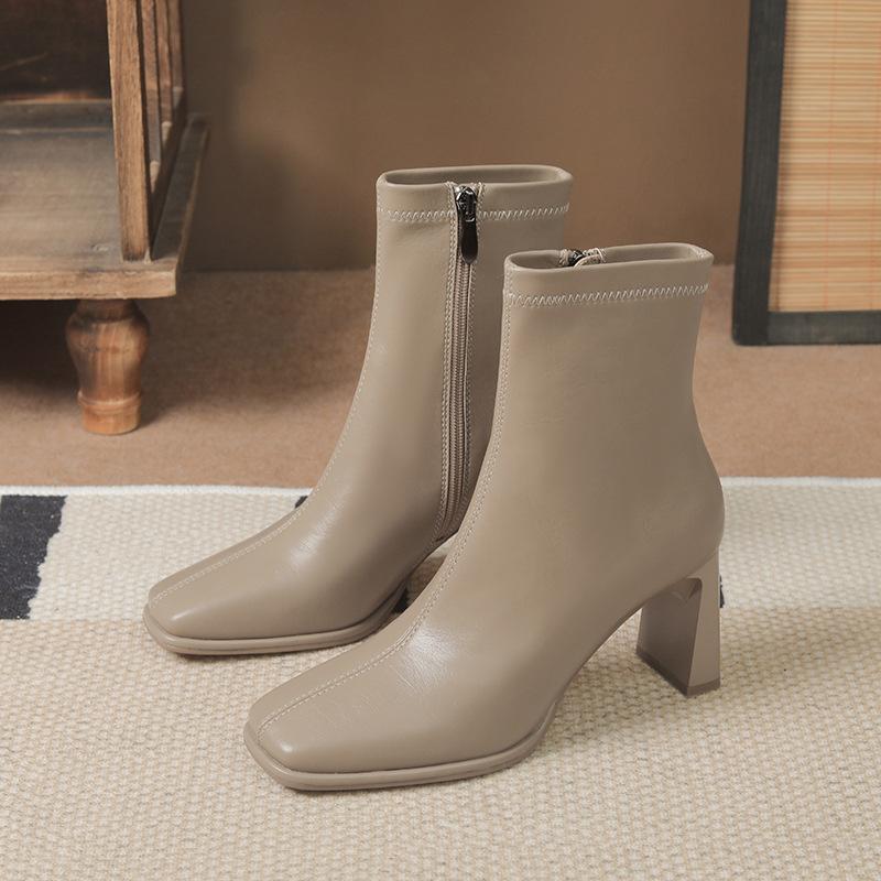

Simple and versatile thick heel short boots women s head thin boots side zipper solid color fashionable soft leather single boots spring and autumn 39 хакі