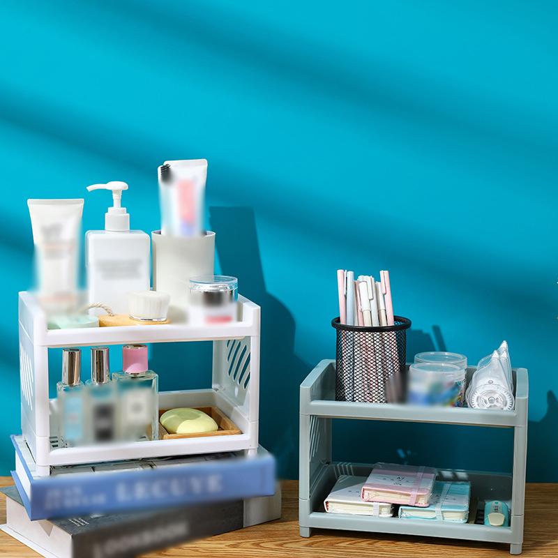 PP Desktop Double Layer Storage Rack Rectangular White Organizing Student Desk Office Cosmetics Stationery