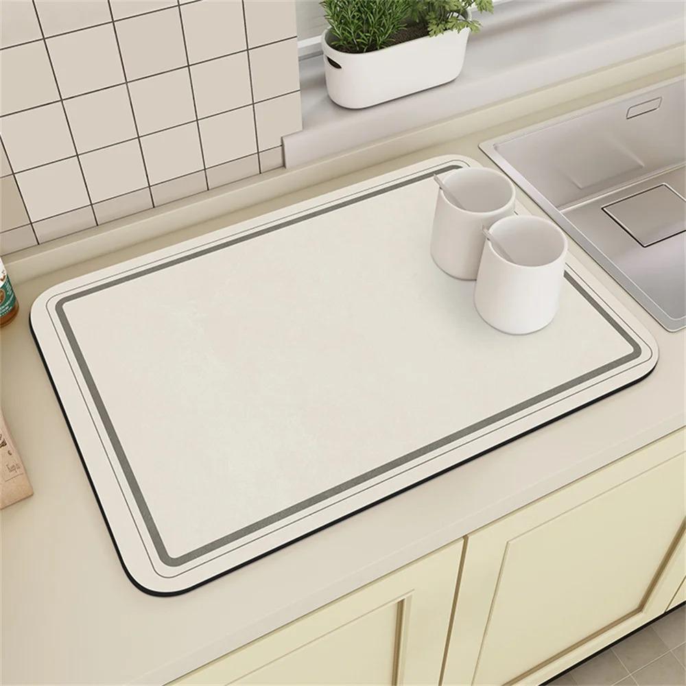 Coffee Machine Drain Mat Kitchen Countertop Cup Absorbent Mat Cream Lines Simple Table Diatomaceous Washable Dry Non-slip Mat