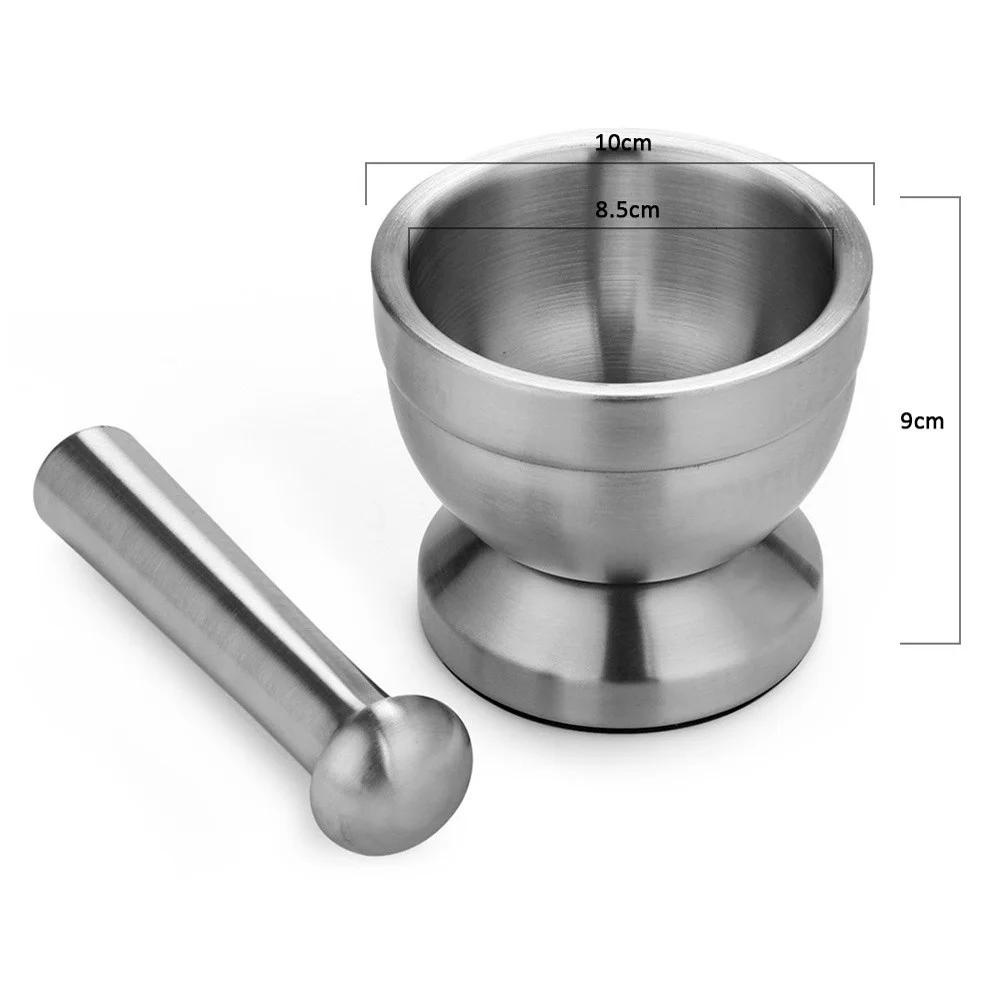 

Double Mini Stainless Steel Metal Mortar Pestle Set with Pedestal Bowl Garlic Press Herb Pepper Spice Grinder for Kitchen