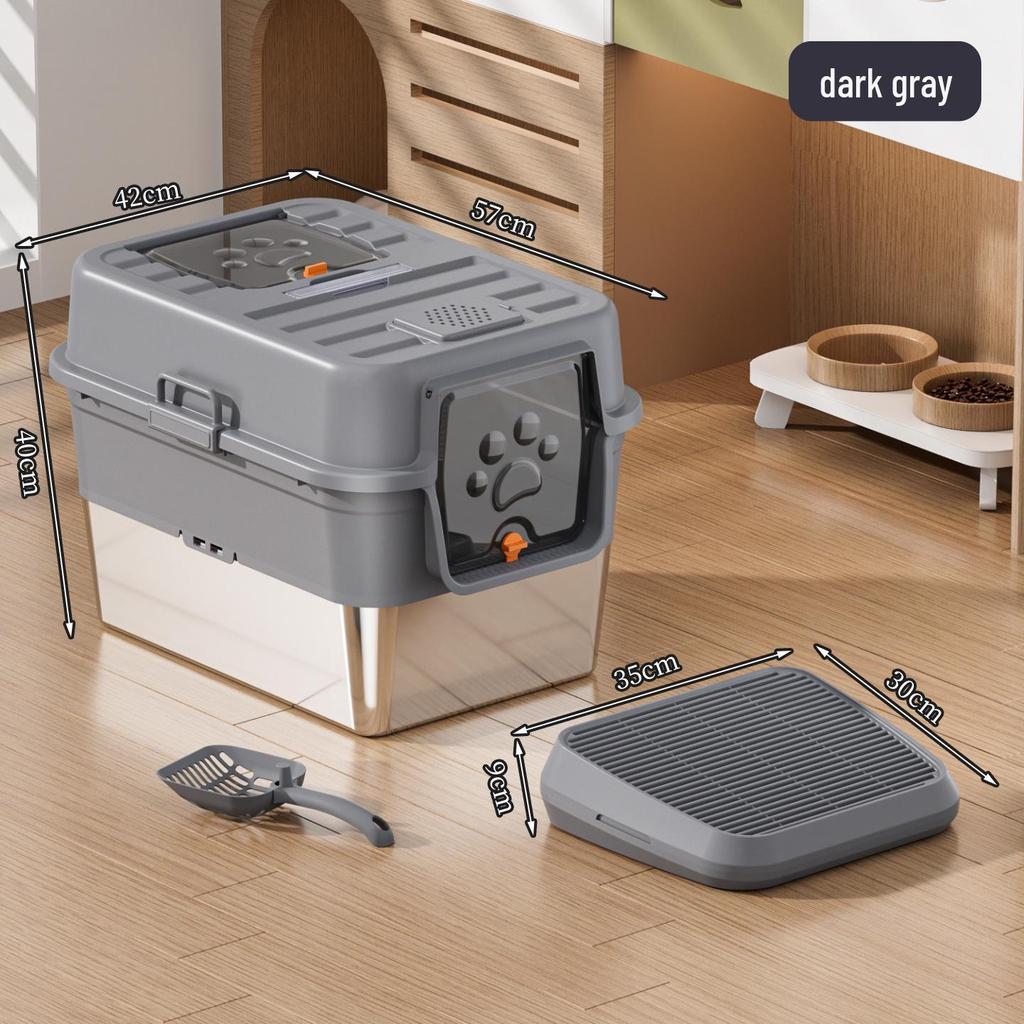 Odor-Proof Stainless Steel Enclosed Cat Litter Box with Anti-Splash Top Entry