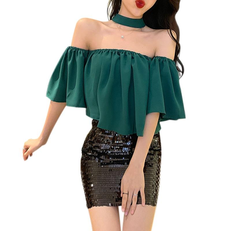 

Женский топ с открытыми плечами, летняя женская однотонная повседневная свободная футболка с короткими рукавами без бретелек One Size