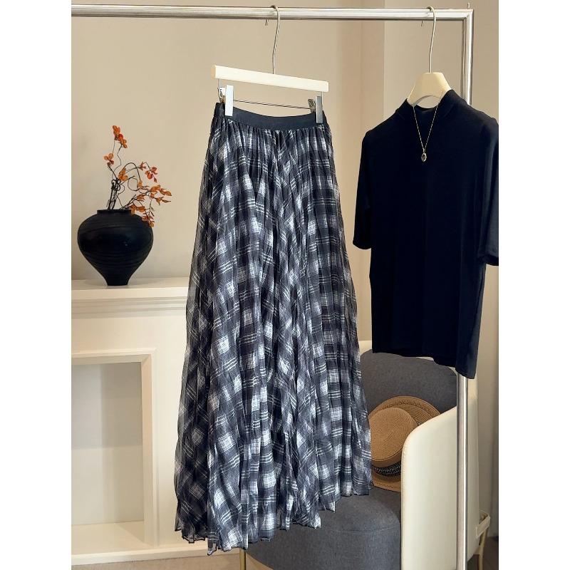 Blue Brown Plaid Tulle Pleated Plaid Midi Skirt Women A-line Irregular Midi Skirt for Winter Vintage Personality