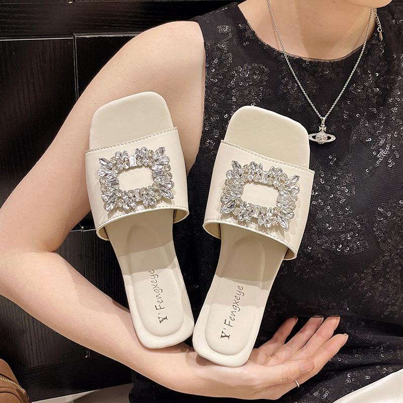 Rhinestone square buckle cool slippers for women to wear summer new women's shoes one and a half slippers