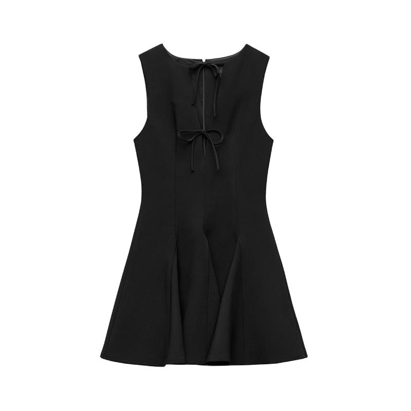 

Spring New Women s Clothing round Neck Sleeveless Wavy Style Wide Hem Bowknot Decoration Short Dress 4661316 Black L