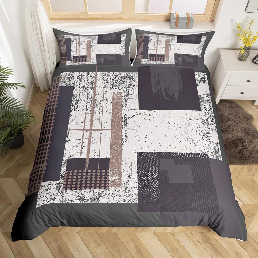 Vintage Striped Line Art Duvet Cover King Size Set Grey Black Red Orange Bedding Set Geometric Oil Painting Graffiti Decoration