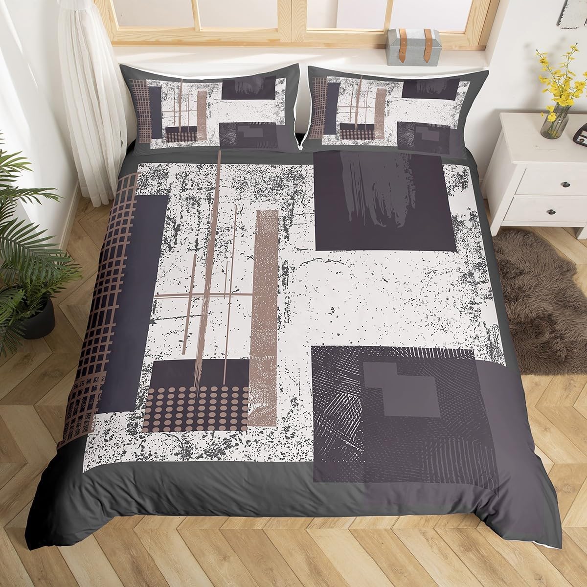 

Vintage Striped Line Art Duvet Cover King Size Set Grey Black Red Orange Bedding Set Geometric Oil Painting Graffiti Decoration EU Single(135x200cm)