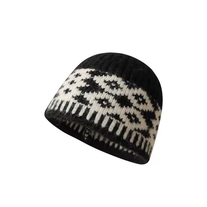 New Niche Design Sense Color Matching Rhombus Grid Knitted Bucket Hat Women's Autumn and Winter Wool Hat Warm Hat