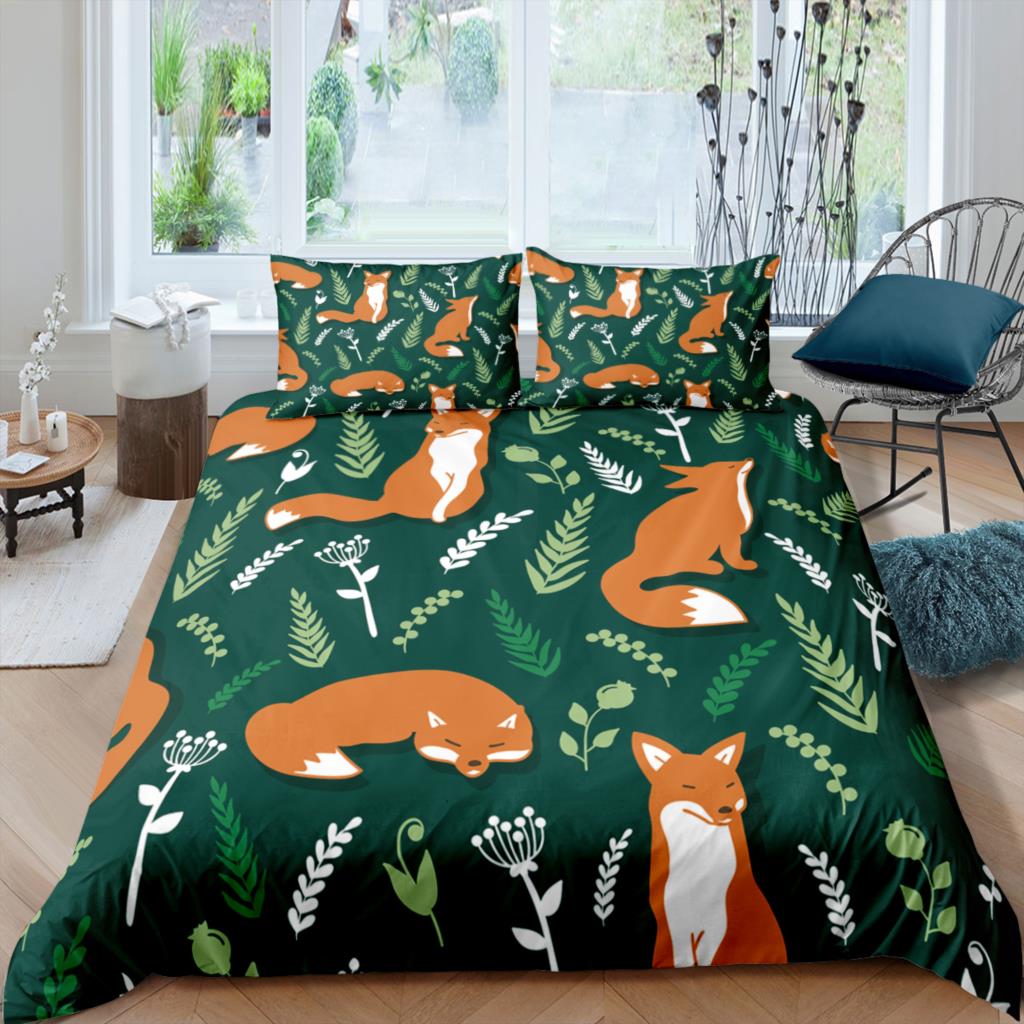 Comforter Cartoon Fox King Queen Lovely Orange Animal Floral Bedding Set Kids Girls Flowers Plant 2/3Pcs