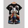 Black Theme, Rabbit 3D Printing Pattern with Basketball In Hand, Fashion Trend Casual and Simple Short Sleeve Set