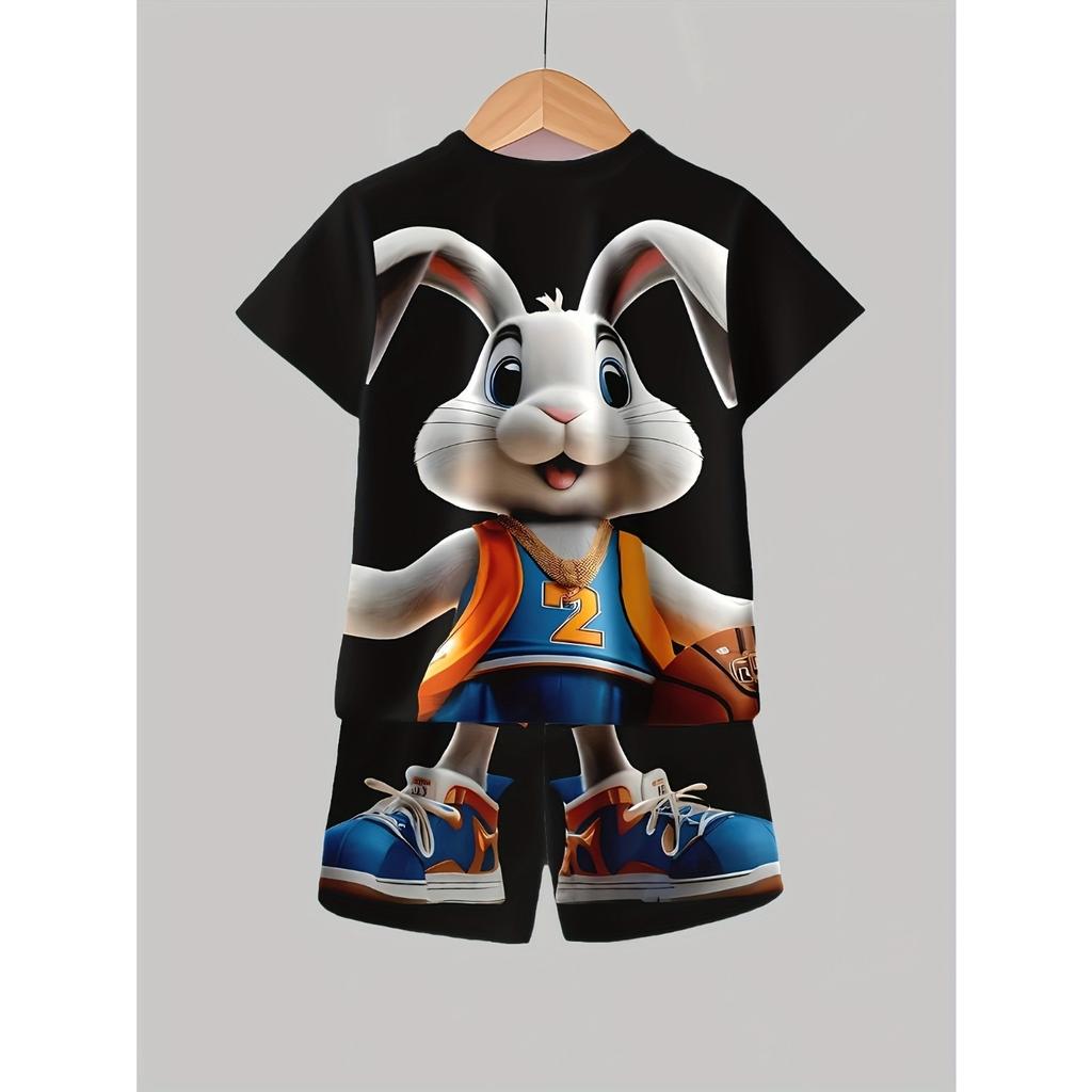 Black Theme, Rabbit 3D Printing Pattern with Basketball In Hand, Fashion Trend Casual and Simple Short Sleeve Set