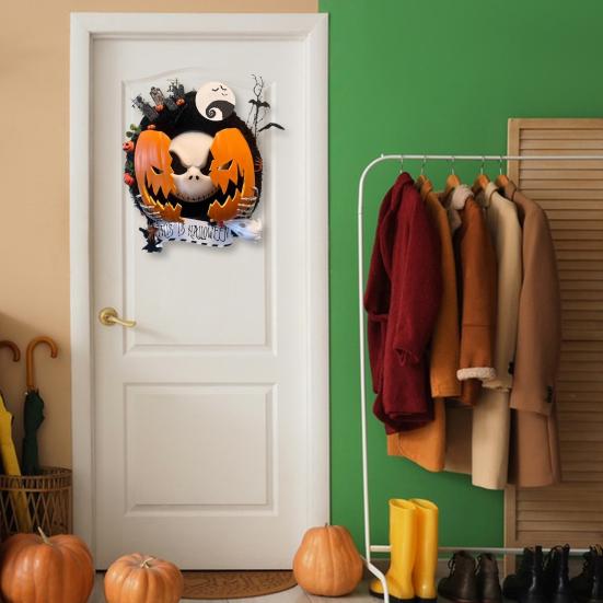 Nightmare Pumpkin Wreath Halloween Gothic Pumpkin Ghost Hanging Door Sign for Front Door Haunted House Decoration