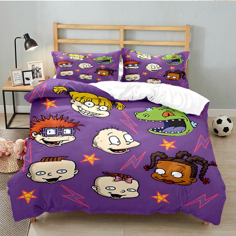 3PCS Rugrats Friends Bedding Set Printed Duvet Cover Closure Includes 1 Duvet Cover & 2 Pillowcases for All Seasons Bedroom Decor