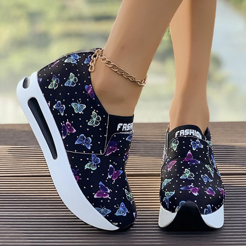 Fashion Butterfly Print Platform Sneakers Women Lightweight Slip On Walking Shoes Woman Thick Sole Non Slip Casual Sports Shoes