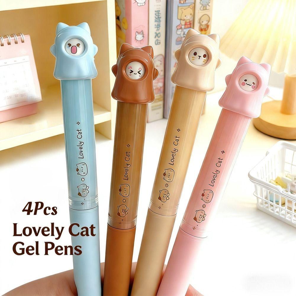 4Pcs Variable Moods Black Ink Exam Pens 0.5 Mm Kawaii Cartoon Pens New Cat Gel Pen Set Student