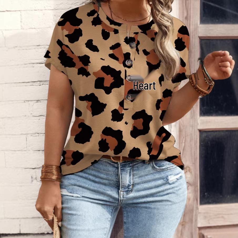 

Women s 3D Print Round Neck Button-Up Short Sleeve Loose Casual T-Shirt 1XL цветочные печати