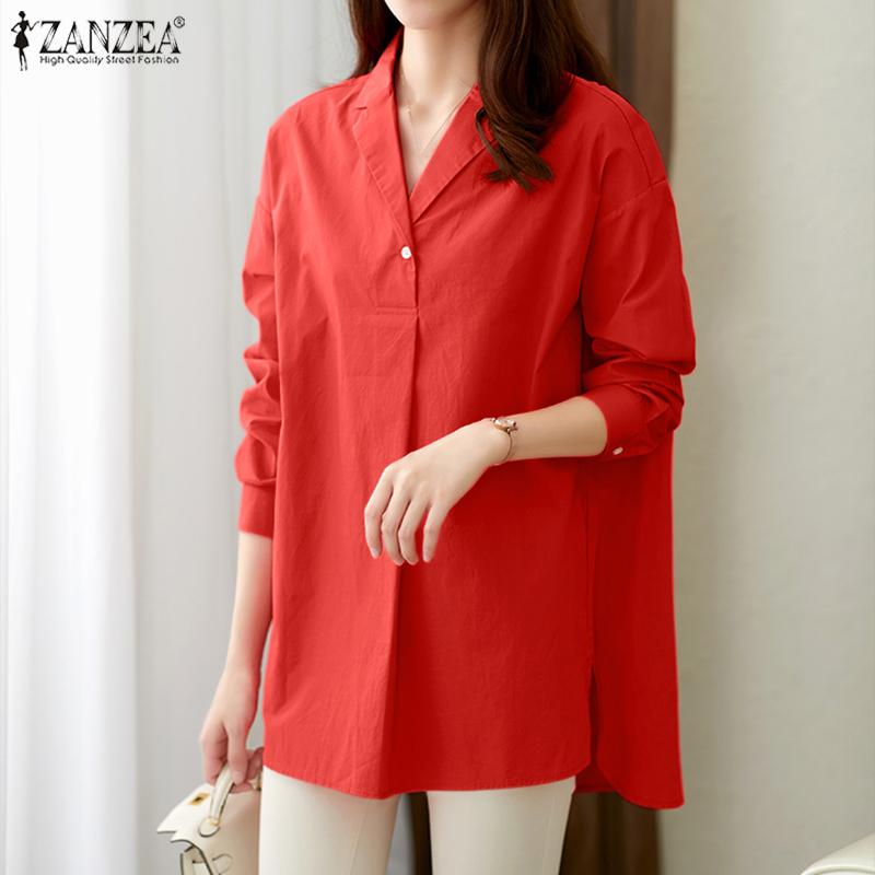 

ZANZEA Women Casual Long Sleeve Turn Down Collar Loose Plain Blouse