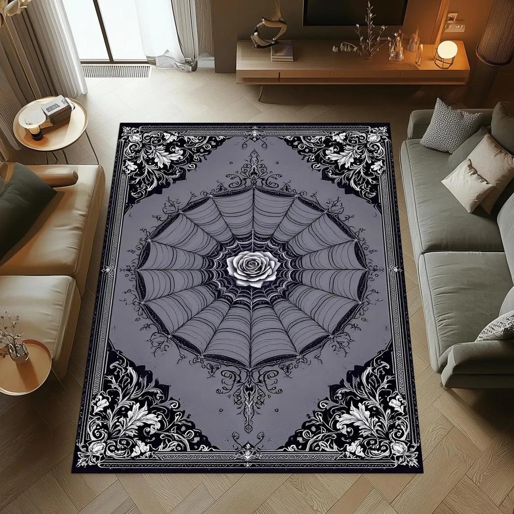 Gothic Bat Rug, Floral Vampire Carpet, Black Purple Rose Living Room Rug, Area Rug, Washable Rug, Non Slip Floor Mat
